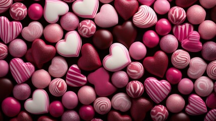 Fototapeta premium pink and red heart shaped candies in the style of detailed texture background