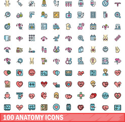 100 anatomy icons set. Color line set of anatomy vector icons thin line color flat on white
