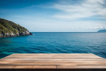 Fototapeta na wymiar Wooden Table by the Sea with Island and Clear Sky