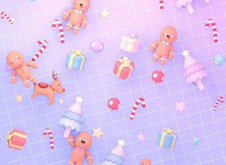 3d rendered cartoon Christmas gingerbread man and various ornaments on grid background.