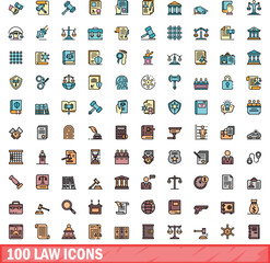 100 law icons set. Color line set of law vector icons thin line color flat on white