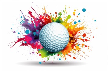 Colorful golf ball splat graphic on white background