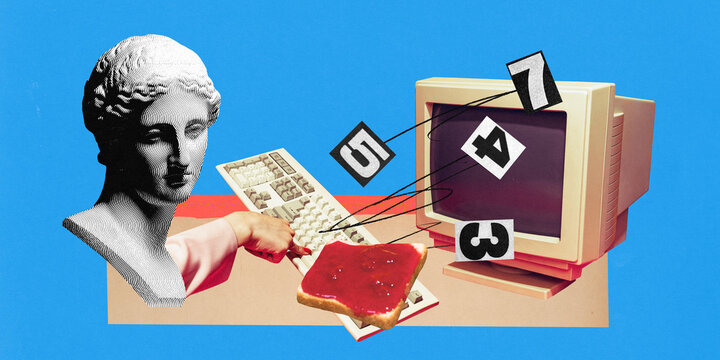 Contemporary art collage. Antique statue sitting at retro computer eating and working online against blue background. Concept of comparisons of eras, work, business, occupation. Ad