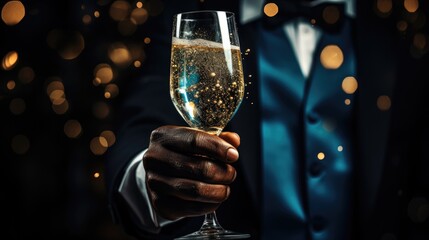 one hand holding champagne glass with drink on bokeh backgound with colorful lights