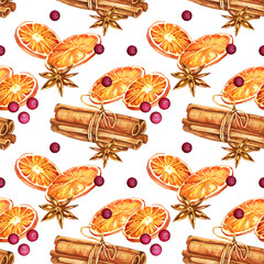Watercolor seamless pattern with ingredients of mulled wine, orange, cinnamon, berries and spices, hand drawn sketch, food illustration isolated on white background