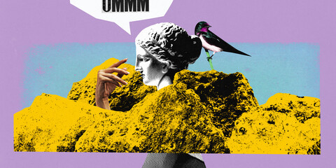 Contemporary art collage. Antique statue going between vivid mountains and heels and thinking, brainstorming. Concept of comparisons of eras, urbanization, modernization, knowledge. Ad