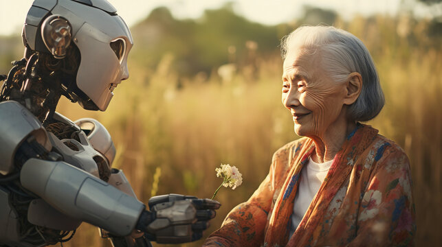 Elderly woman joyfully interacts with a modern robot outdoors, bridging the gap between traditional life and cutting-edge technology.