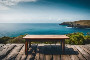 Fototapeta na wymiar Wooden Table with a Breathtaking Island and Sky View
