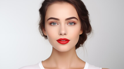 Beautiful young woman with red lips touching her face for an advertisement on a white studio background.