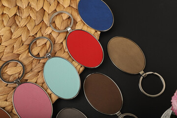 Metal and leather keychains. Colorful one side leather; Square, rectangle and circle shaped key rings. Concept shots, photos taken specially for e-commerce sales.