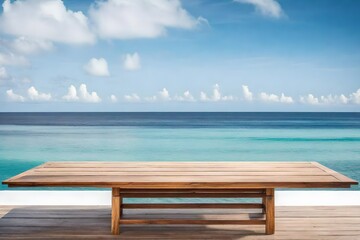 Wooden Surface with Sea, Island, and Blue Sky