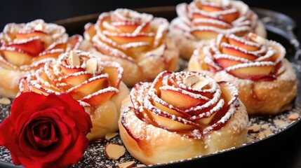 Obraz na płótnie Canvas A plate of pastries with powdered sugar and a rose. Valentine's day desserts.