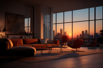 Modern living room interior with a panoramic window.