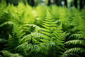Fototapeta na wymiar Close up of densely growing green fern plant in wild forest