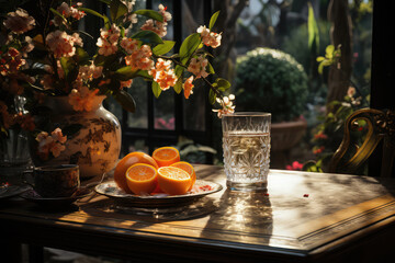 Still life with a glass of water, oranges and flowers