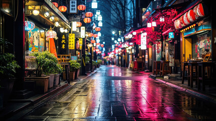 China town street at night. Illuminated stores and chinese lanterns decoration - obrazy, fototapety, plakaty