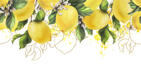 Lemons are yellow, juicy, ripe with green leaves, flower buds on the branches, whole. Watercolor, hand drawn botanical illustration. Seamless border on a white background.