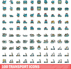 100 transport icons set. Color line set of transport vector icons thin line color flat on white