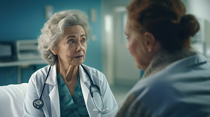 an elderly female doctor meeting with her patient in a hospital, displaying empathy and professionalism during a genuine healthcare interaction