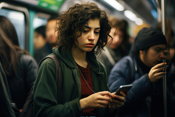 a woman using her smartphone during her subway commute, engrossed in work and connectivity,