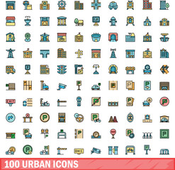 100 urban icons set. Color line set of urban vector icons thin line color flat on white