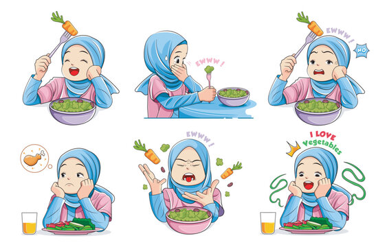 Healthy food. Collection of illustrations of expressions of children wearing hijab eating vegetables