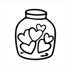 Vector doodle drawing of a jar with hearts. Linear drawing for postcard, valentine's day, birthday, wedding