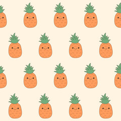 Seamless Cute Kawaii Fruit Character Textile Fabric Pattern Background. Doodle Fruit Symbol Wrapping Paper Swatch Print Template