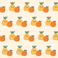 Obraz premium Seamless Cute Kawaii Fruit Character Textile Fabric Pattern Background. Doodle Fruit Symbol Wrapping Paper Swatch Print Template