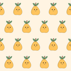 Seamless Cute Kawaii Fruit Character Textile Fabric Pattern Background. Doodle Fruit Symbol Wrapping Paper Swatch Print Template