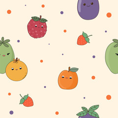 Seamless Cute Kawaii Fruit Character Textile Fabric Pattern Background. Doodle Fruit Symbol Wrapping Paper Swatch Print Template