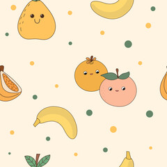 Seamless Cute Kawaii Fruit Character Textile Fabric Pattern Background. Doodle Fruit Symbol Wrapping Paper Swatch Print Template