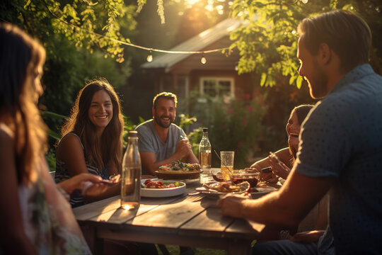 Candid family and friends outdoors, summer barbecue in backyard, enjoying food, laughter, and togetherness
