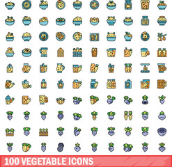 100 vegetable icons set. Color line set of vegetable vector icons thin line color flat on white