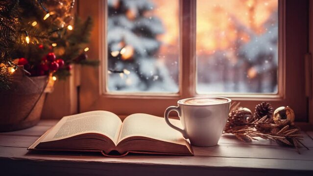 A warm cup of coffee by the window with a view of the snow falling outside. seamless looping virtual time lapse video animation background. 