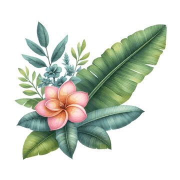 banana leaves and flowers tropic plant decor watercolor paint