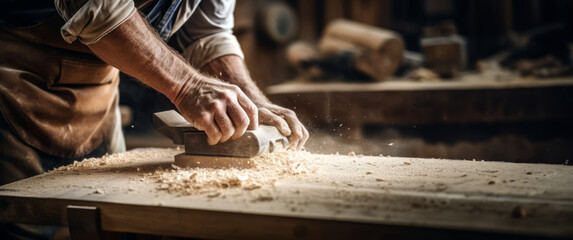 A craftsman planing wood with a planer against the background of flying sawdust and wood dust, close-up of hands. Carpentry. Building a house. Furniture made of wood. DIY. Ultra wide banner.Copy Space