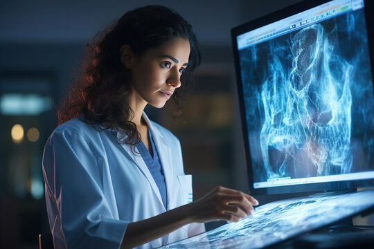 An expert female neurologist deeply engrossed in examining brain scans, utilizing innovative medical technology for diagnosis, highlighting her proficiency and expertise.