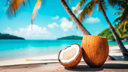 close up of coconut on the beach, with the azure sea and palm trees in the background - Powered by Adobe