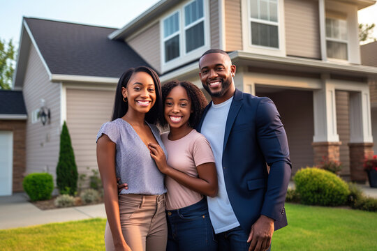 African American Family In Front Of Newly Purchased Home, Ownership, Smiling Proudly, Real Estate Accomplishment