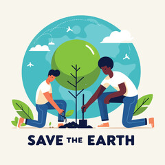 Illustration of people planting trees to preserve nature. flat and minimalist design