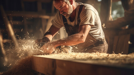 A craftsman planing wood with a planer against the background of flying sawdust and wood dust, close-up of hands. Carpentry. Building a house. Furniture made of wood. DIY. Horizontal banner.Copy Space - obrazy, fototapety, plakaty