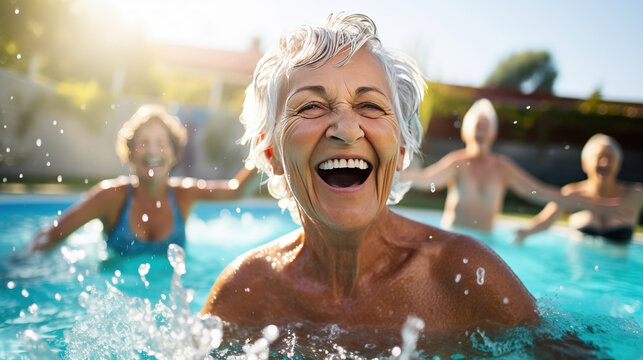 Active senior women enjoying aqua fit class in a pool, displaying joy and camaraderie, embodying a healthy, retired lifestyle