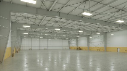 3D render of empty exhibition space. backdrop for exhibitions and events.Interior of empty warehouse	