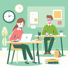 Illustration of teacher and students in classroom. Flat and minimalist design