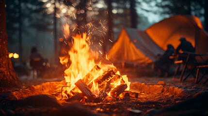 bonfire in a camp, with a tent in the background and a forest around
