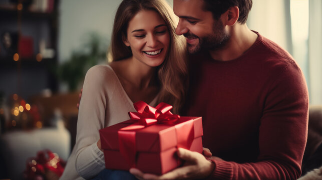 Saint Valentine's Day celebration, gift giving and romantic couple concept. Portrait of happy smiling young man and woman hugging and holding red present box, generative ai