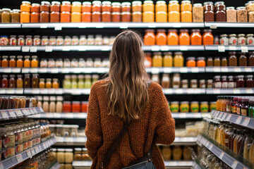 A woman comparing products in a grocery store, considering nutrition, prices, and ingredients, demonstrating informed consumer behavior - obrazy, fototapety, plakaty