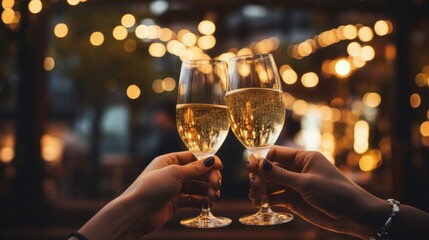 two hands holding glasses of champagne cheering and celebrating with colorful bokeh background - obrazy, fototapety, plakaty