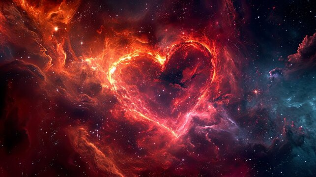 Pink, red galaxy in glowing heart shape. Cosmic love expanding in soul and cosmos. Emotion, spirituality, connection.